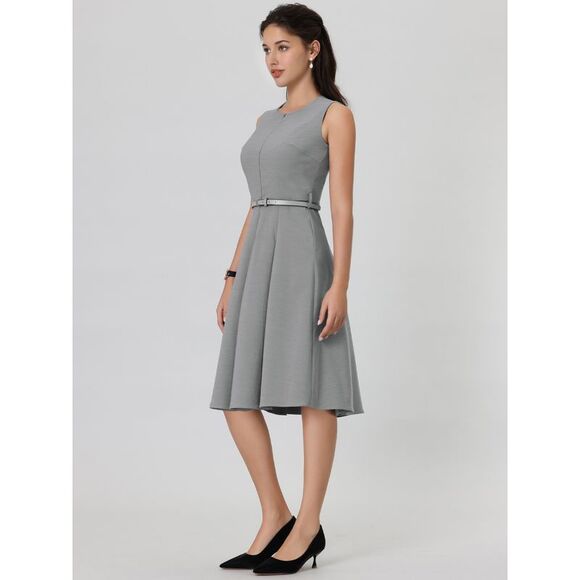 Sleeveless Dress Zip Up Belted Fit & Flare Work Dresses Gray - Picture 3 of 5